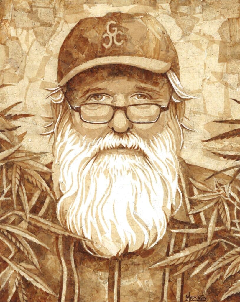 "The Farmer" mosaic art piece by Chronic Art, Cliff Maynard. Older man with glasses, hat and white beard with marijuana plants around him.