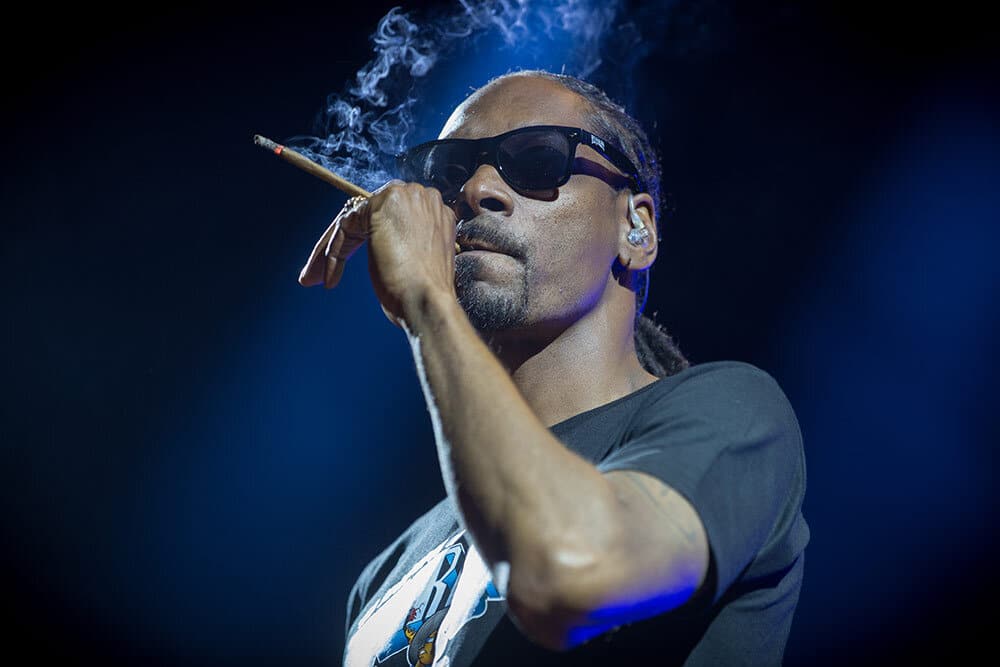 Snoop Dogg smoking joint on stage at concert with sunglasses on