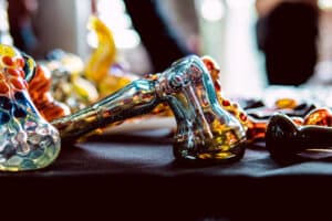 Multiple marijuana glass pipes in weed shop
