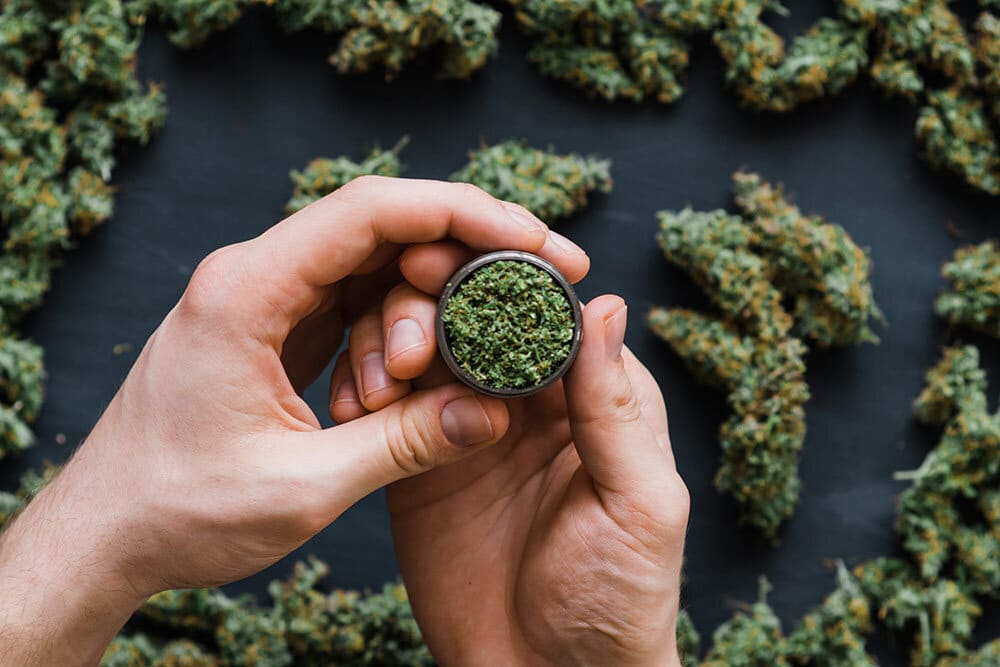 Close up of hand holding jar with cannabis and flower in the background laid out on table