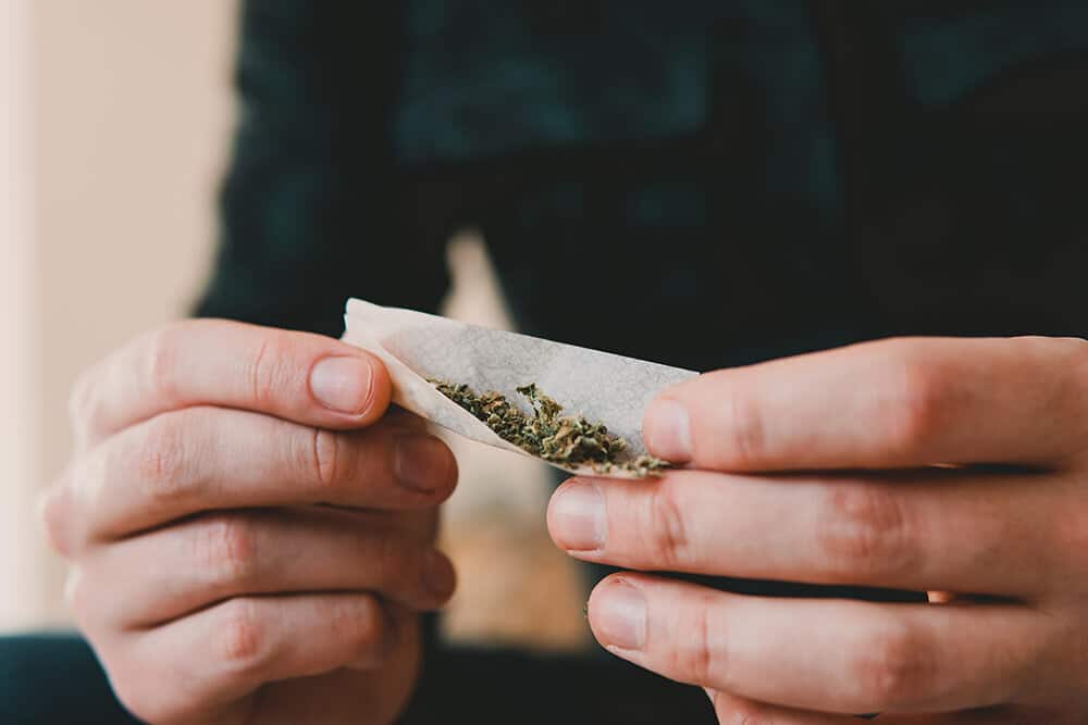 Man sitting on couch rolling a joint of marijuana