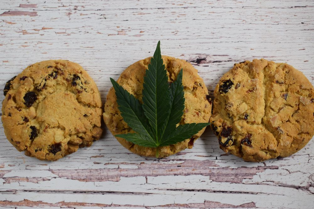 Three chocolate chip cookies infused with cannabis