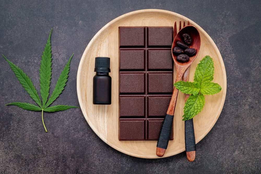 A cannabis chocolate bar on a plate