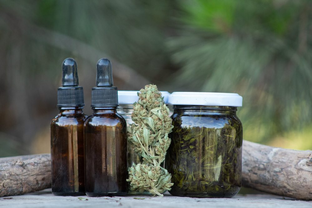Cannabis products displayed outdoors