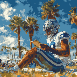 A Dallas Cowboys player in full uniform sits on the grass, studying a playbook or tablet. Palm trees and a blue sky frame the background, with tents visible in the distance, capturing the essence of the team's summer training camp in Oxnard, California.