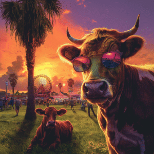 Cool cow wearing sunglasses at OC Fair, with ferris wheel and fairgrounds at sunset